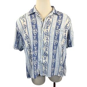 Burma Bibas Mens XL Blue White Fish Tribal Print Rayon Short Sleeve Camp Shirt